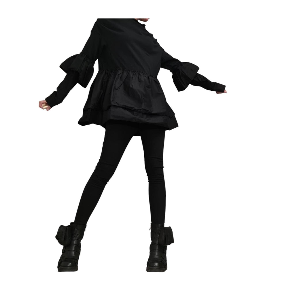 Black Oversize Cotton Blouse | Asymmetric Sleeves with Shirting Ruffles | fashion for women | architectural