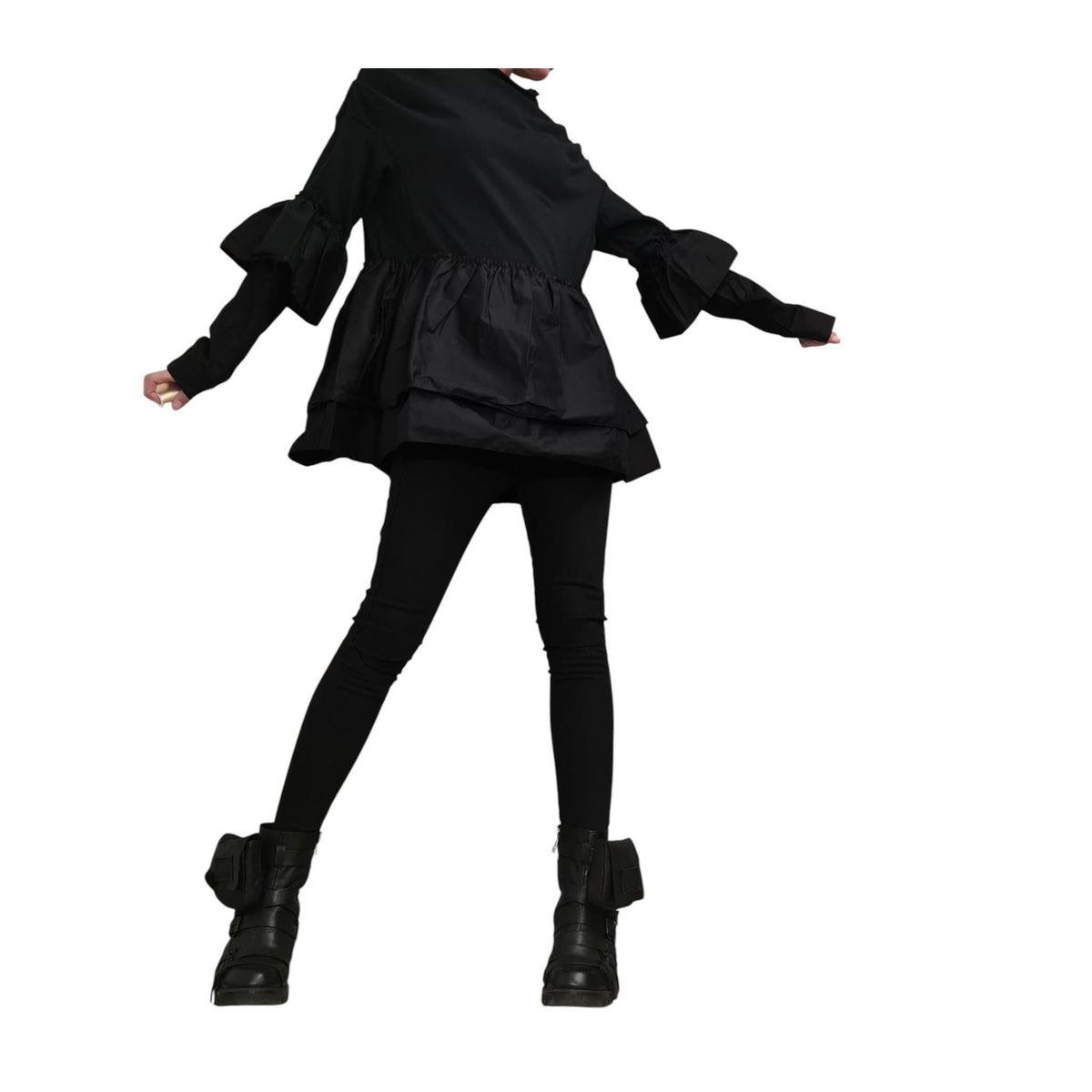 Black Oversize Cotton Blouse | Asymmetric Sleeves with Shirting Ruffles | fashion for women | architectural