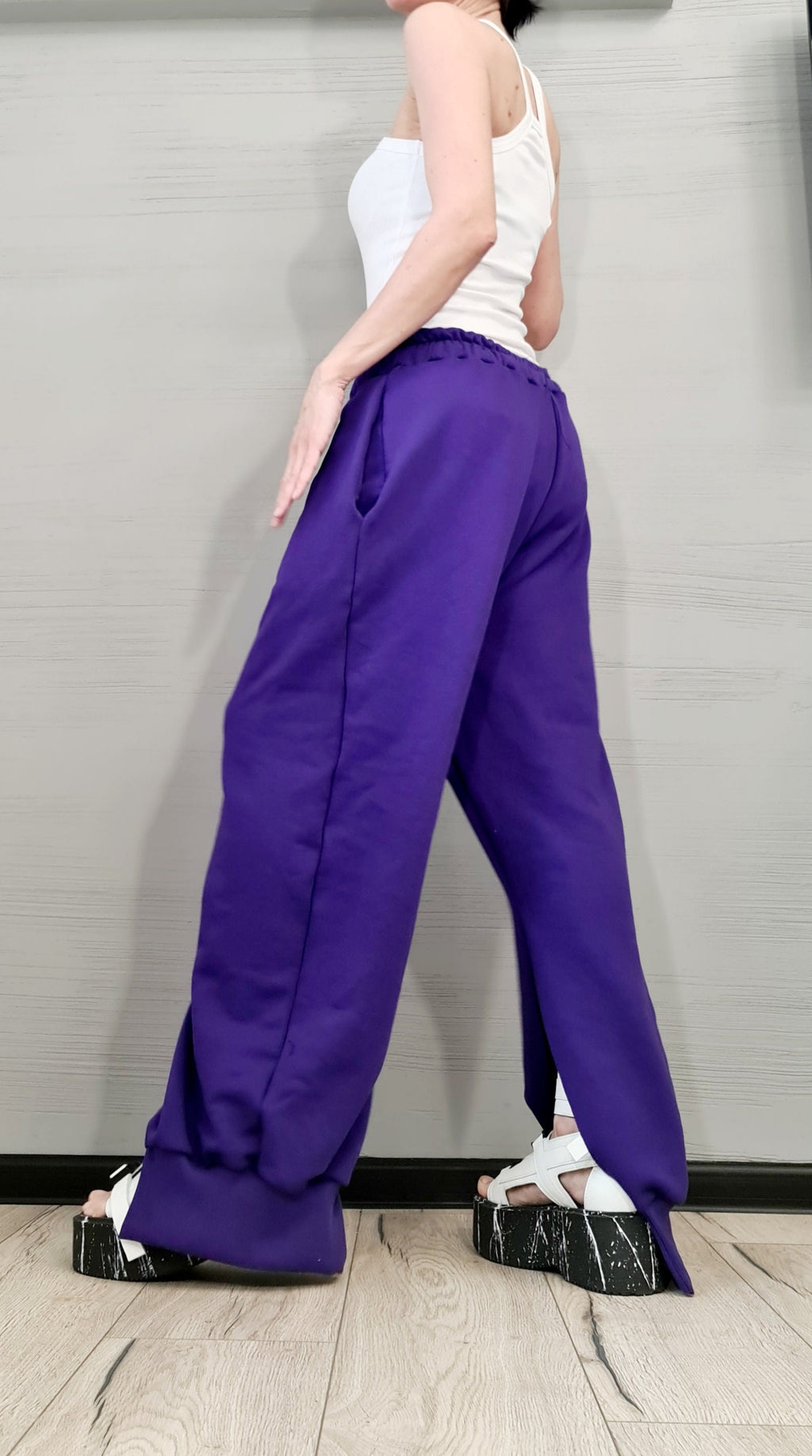 Purple French Terry Jogger Pants, Split Hem Trousers
