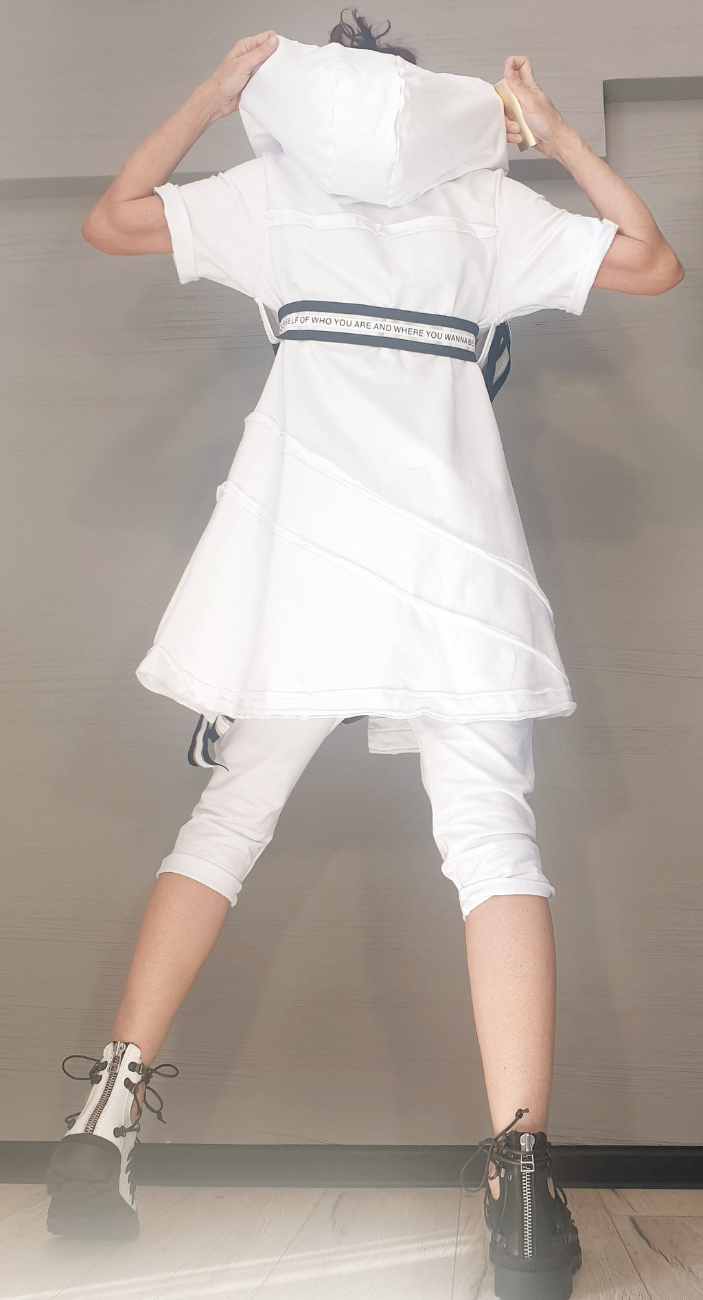 White Cotton Cropped Harem Pants, Asymmetrical Hooded Long Vest, Contrast Straps, Two-Piece Co-Ord Set