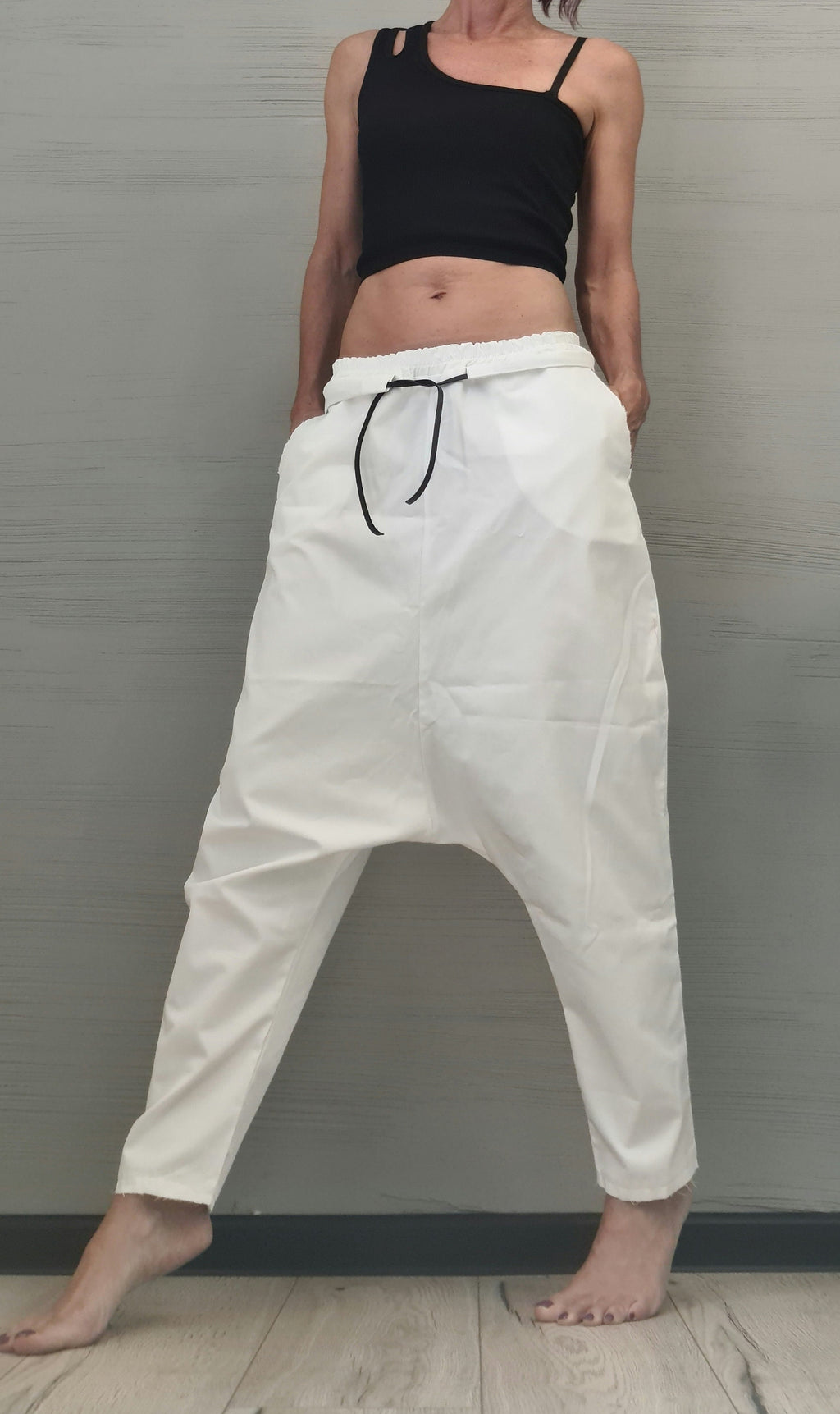 White Cotton Harem Trousers, Drop Crotch Pants