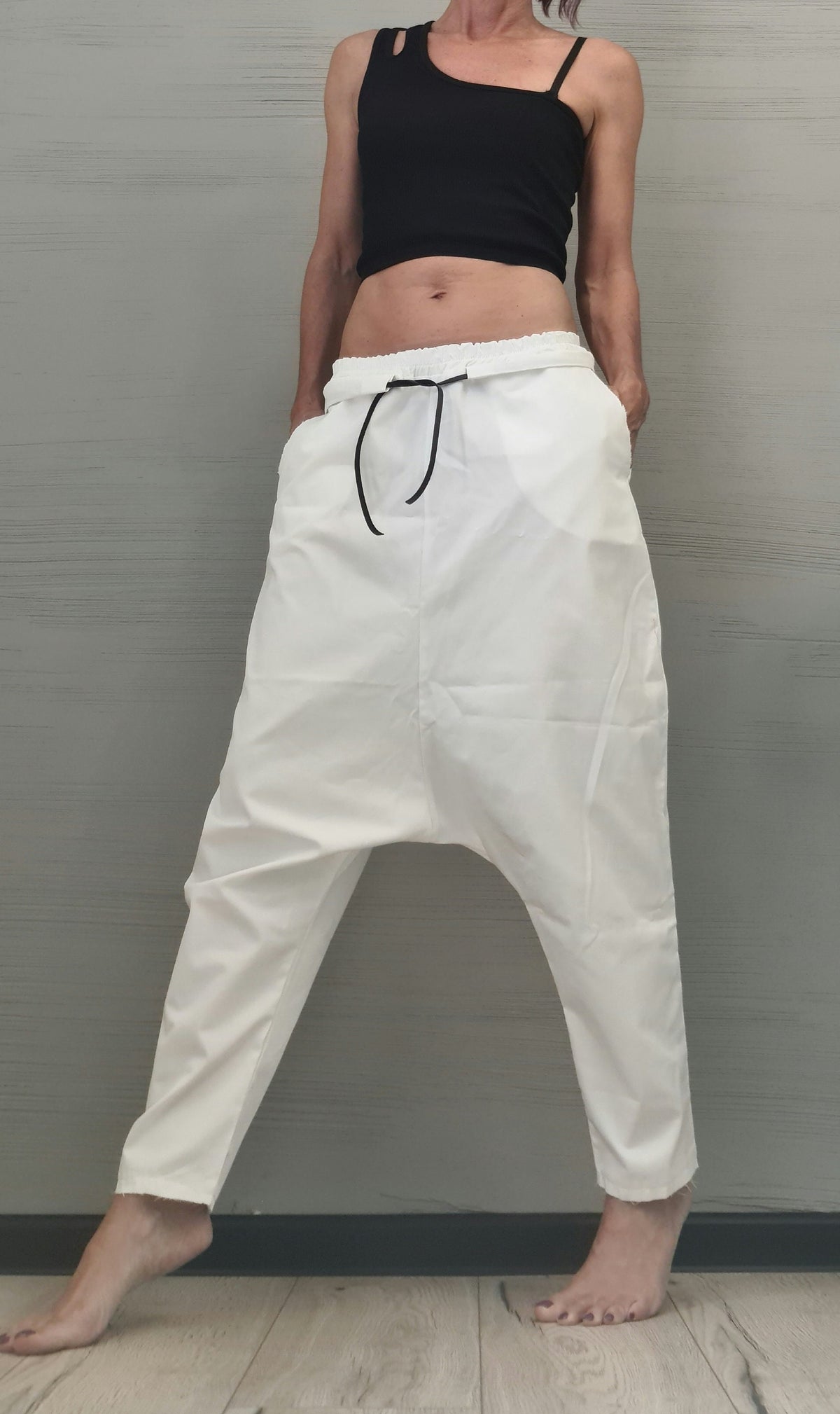 White Cotton Harem Trousers, Drop Crotch Pants