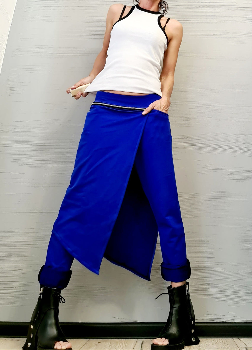 Royal Blue French Terry Pants, Wrap Skirt Overlay, Slim Leg, Asymmetric Trousers