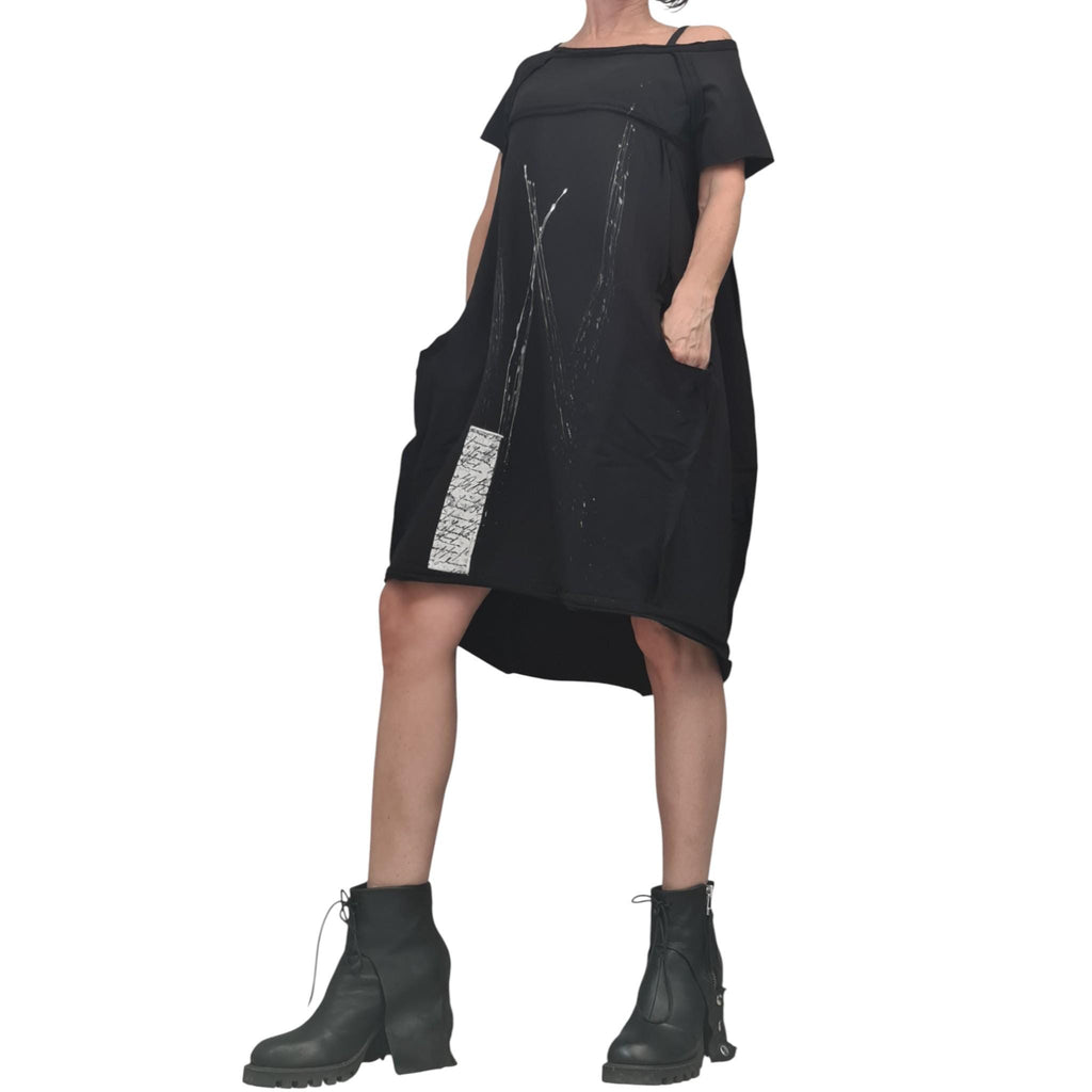 Black French Terry Short Sleeve Dress, One Shoulder Asymmetric Gothic Tunic, Oversized Fit