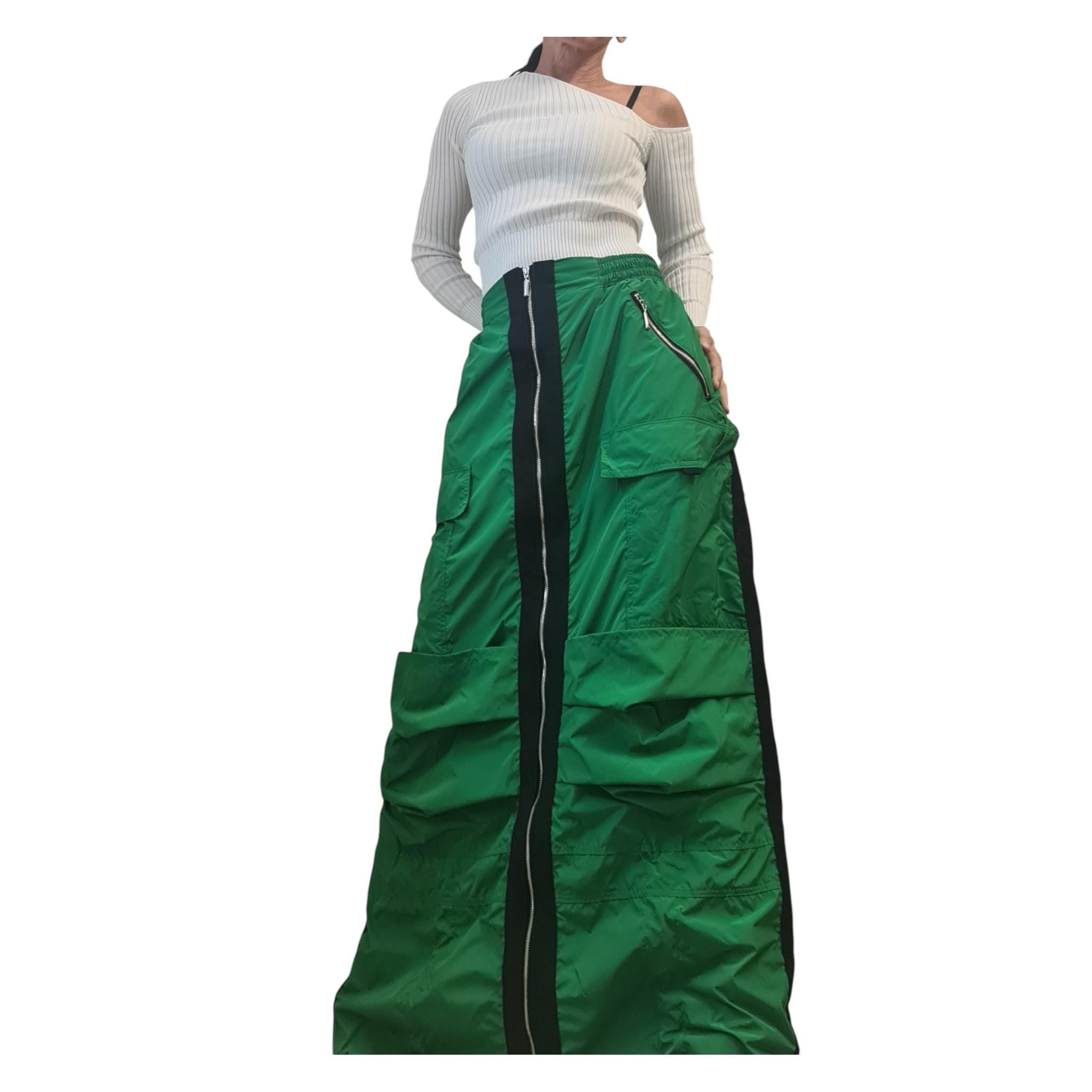 Green Cargo Maxi Skirt with Zippers, Oversized Streetwear Clothing, Techwear Style