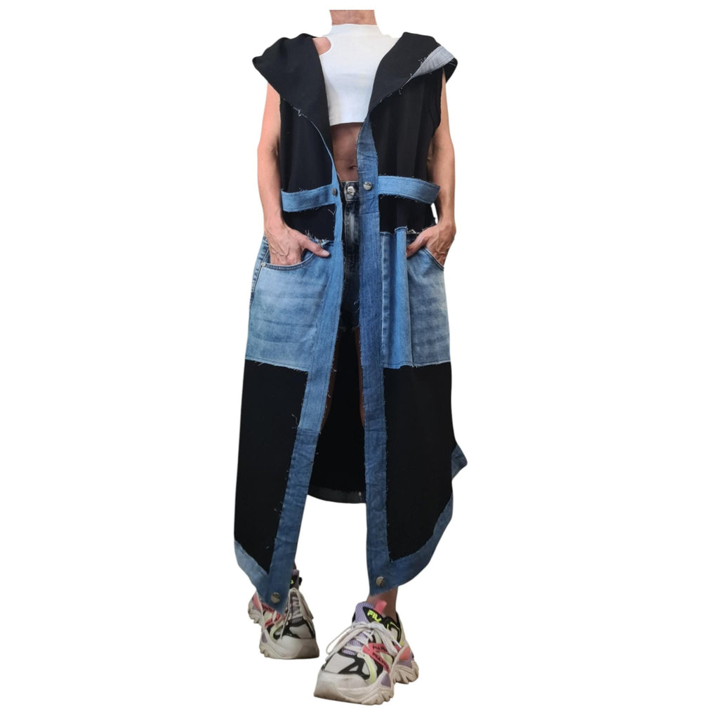 Gothic Denim Cotton Asymmetric Long Vest, Extravagant Maxi Style