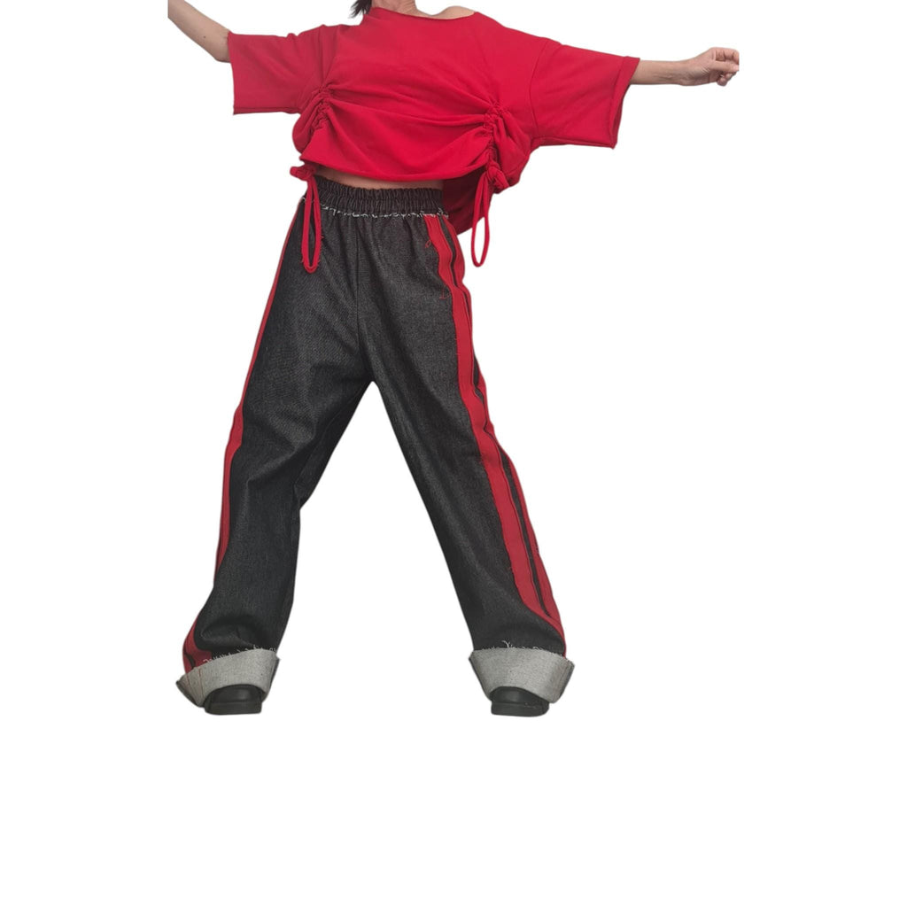 Red Ruched Cotton Blouse, Dark Denim Wide Leg Pants, Side Stripes, Cuffed Co-Ord Set