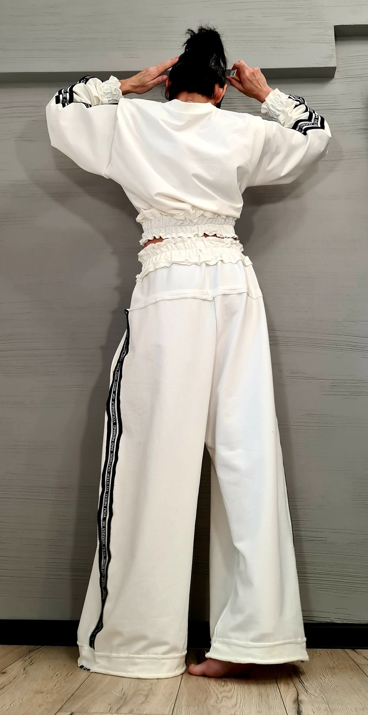 Ivory Cotton Wide-Leg Pants, Oversized Cropped Ruched Blouse, Contrast Side Stripes, Two-Piece Co-Ord Set