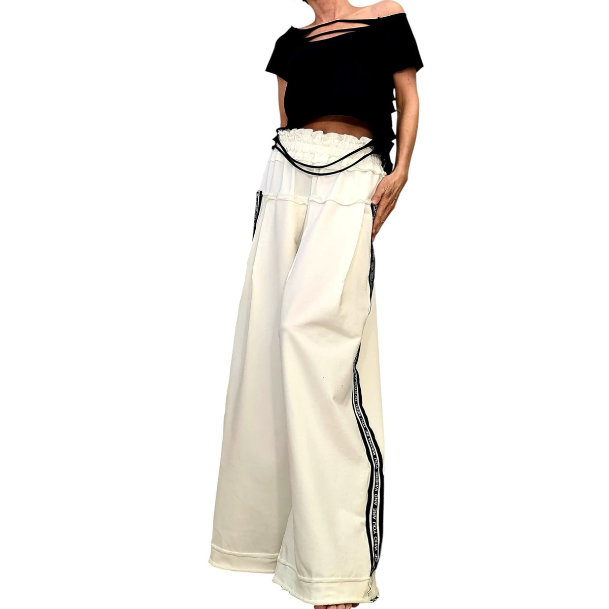 Ivory French Terry Wide Leg Pants, Relaxed Cotton Trousers, Elastic Waist