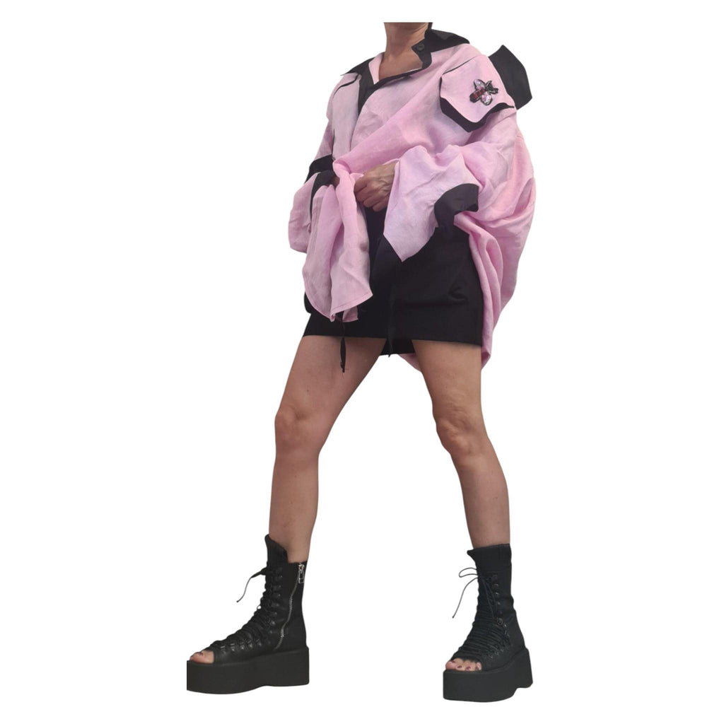 Pistachio Linen Asymmetric Tunic, Oversized Avant Garde Top, Open Back Collar Shirt, Cargo Pocket