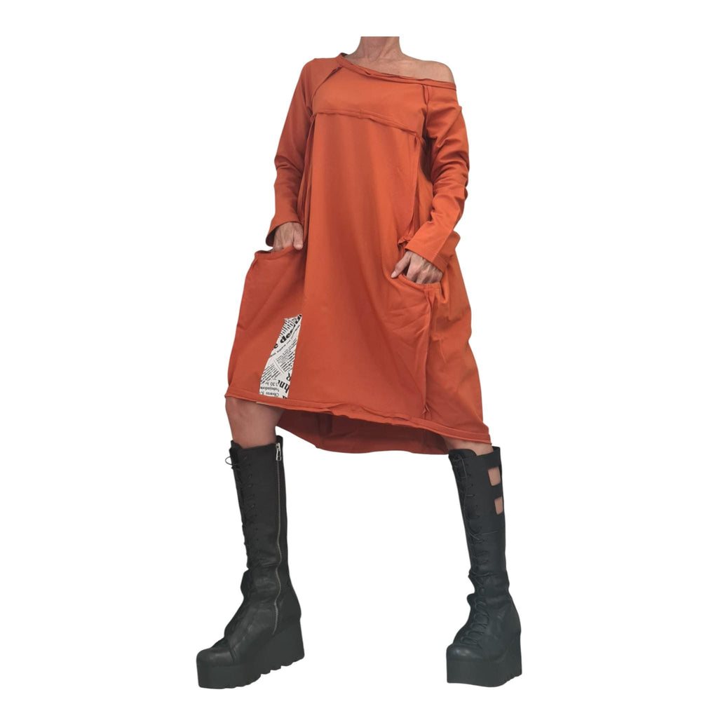 Orange Oversized Asymmetric Dress, One Shoulder High Low Tunic
