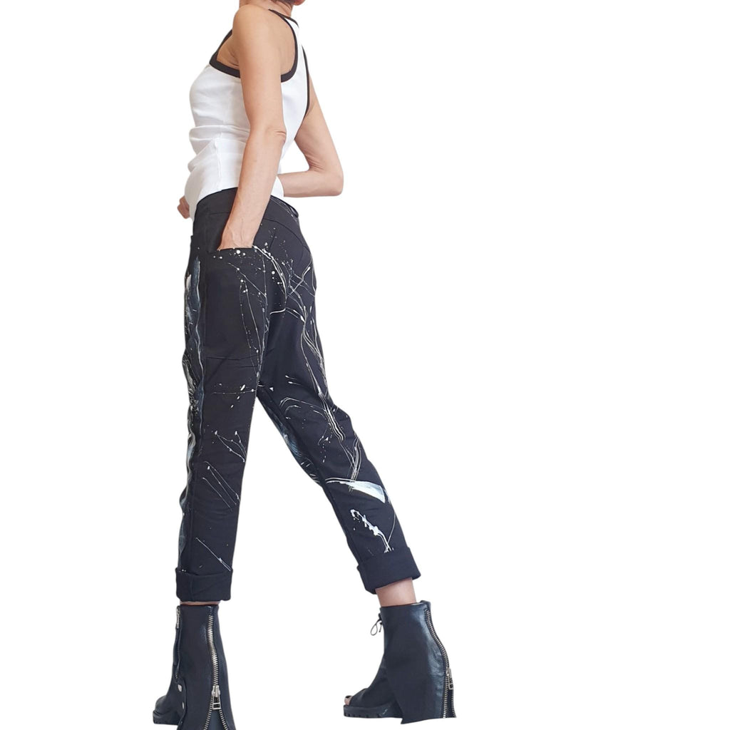 Extravagant White Drop Crotch Pants, Loose Cotton Trousers, Asymmetric Fit