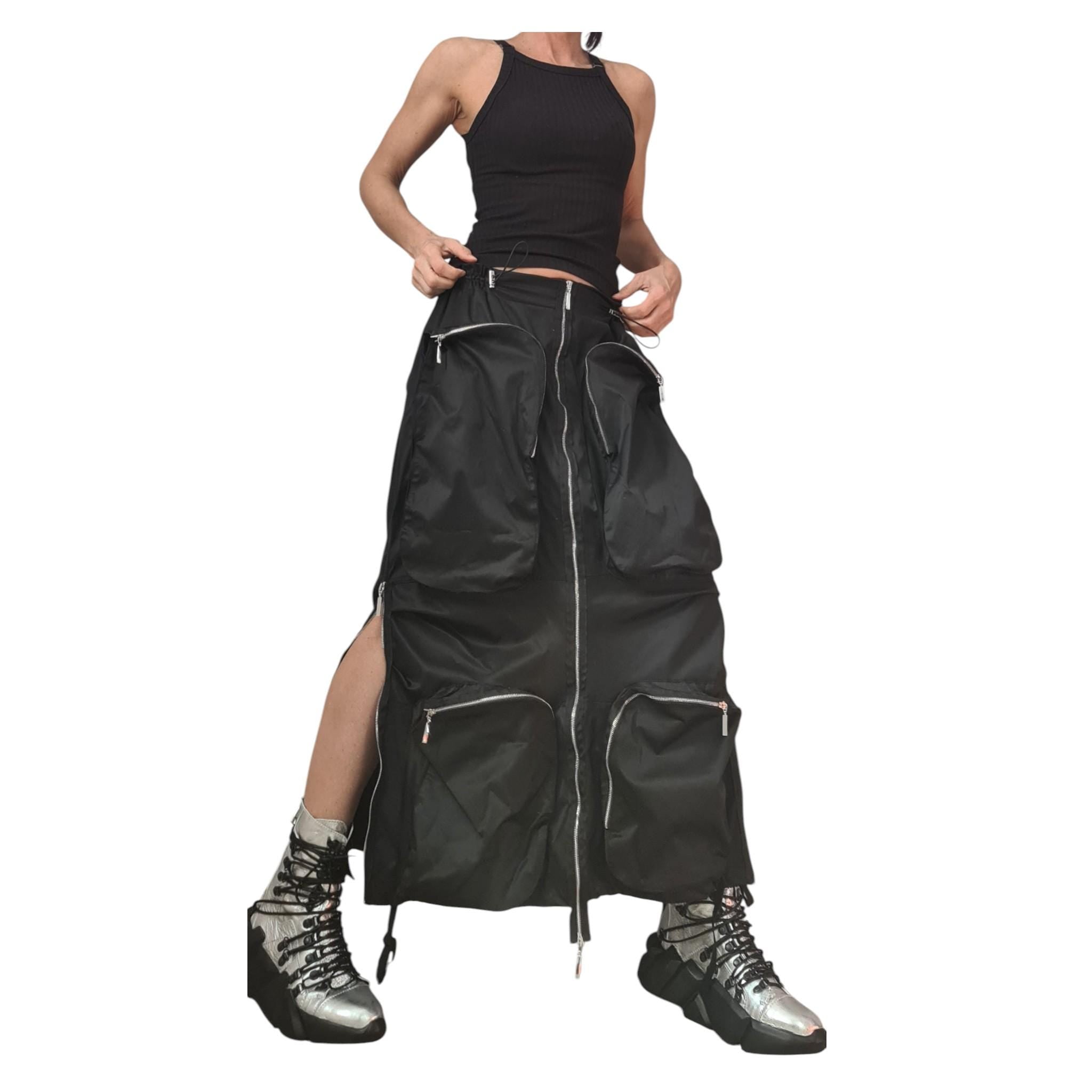 Black Cotton Satin Long Skirt | Deconstructed Cargo Pockets | Gothic Avant Garde Style