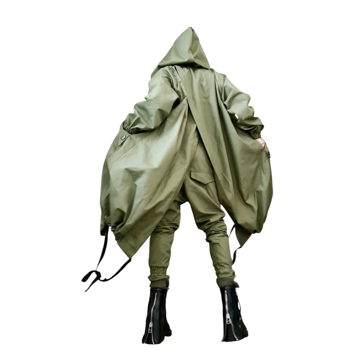 Olive Green Asymmetric Ripstop Trench Coat, Oversized Hood, Open Back Flap, Plus Size
