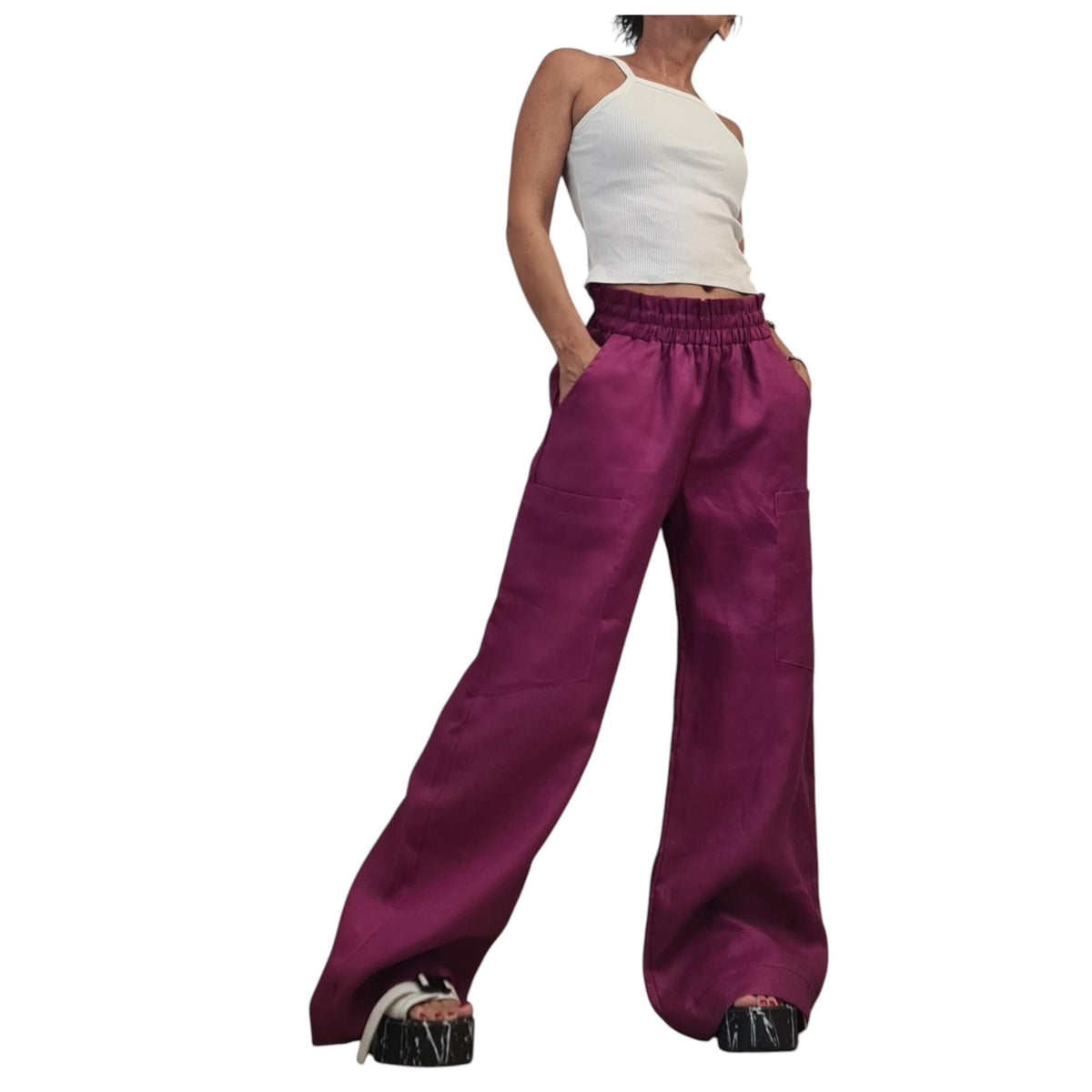 Magenta Wide Leg Pants, Avant Garde Linen Palazzo, Boho Trousers