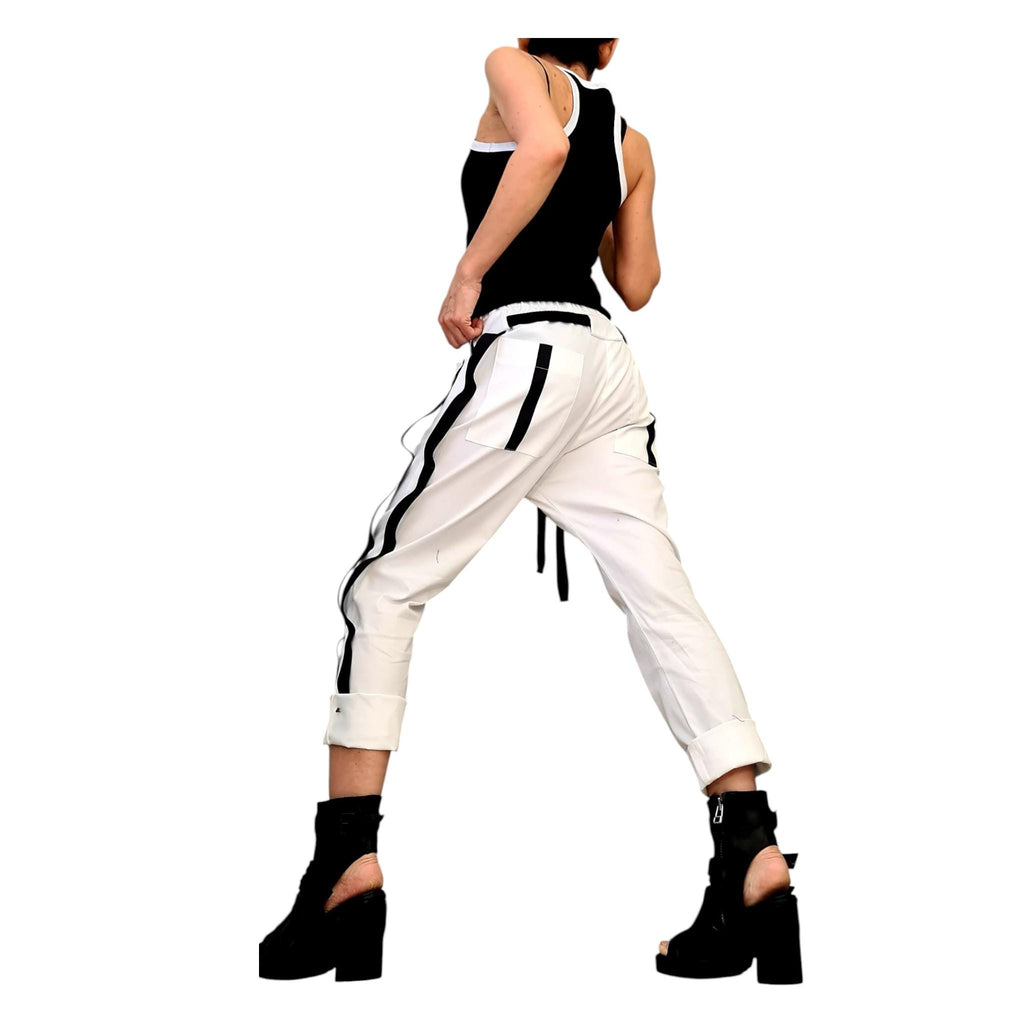 White Cotton Tapered Pants, Double Side Stripes, Drop Crotch
