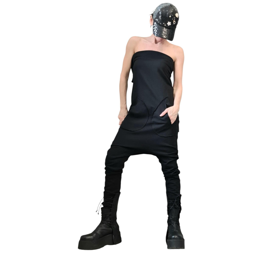 Black Cotton Drop Crotch Jumpsuit, Extravagant Open Back, Slim Fit Gothic Style