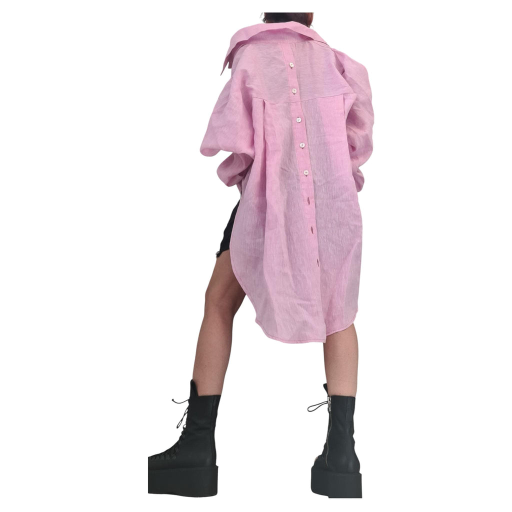 Baby Pink Linen Shirt, Asymmetric Open Back Top, Oversized Tunic, Loose Summer Shirt Women