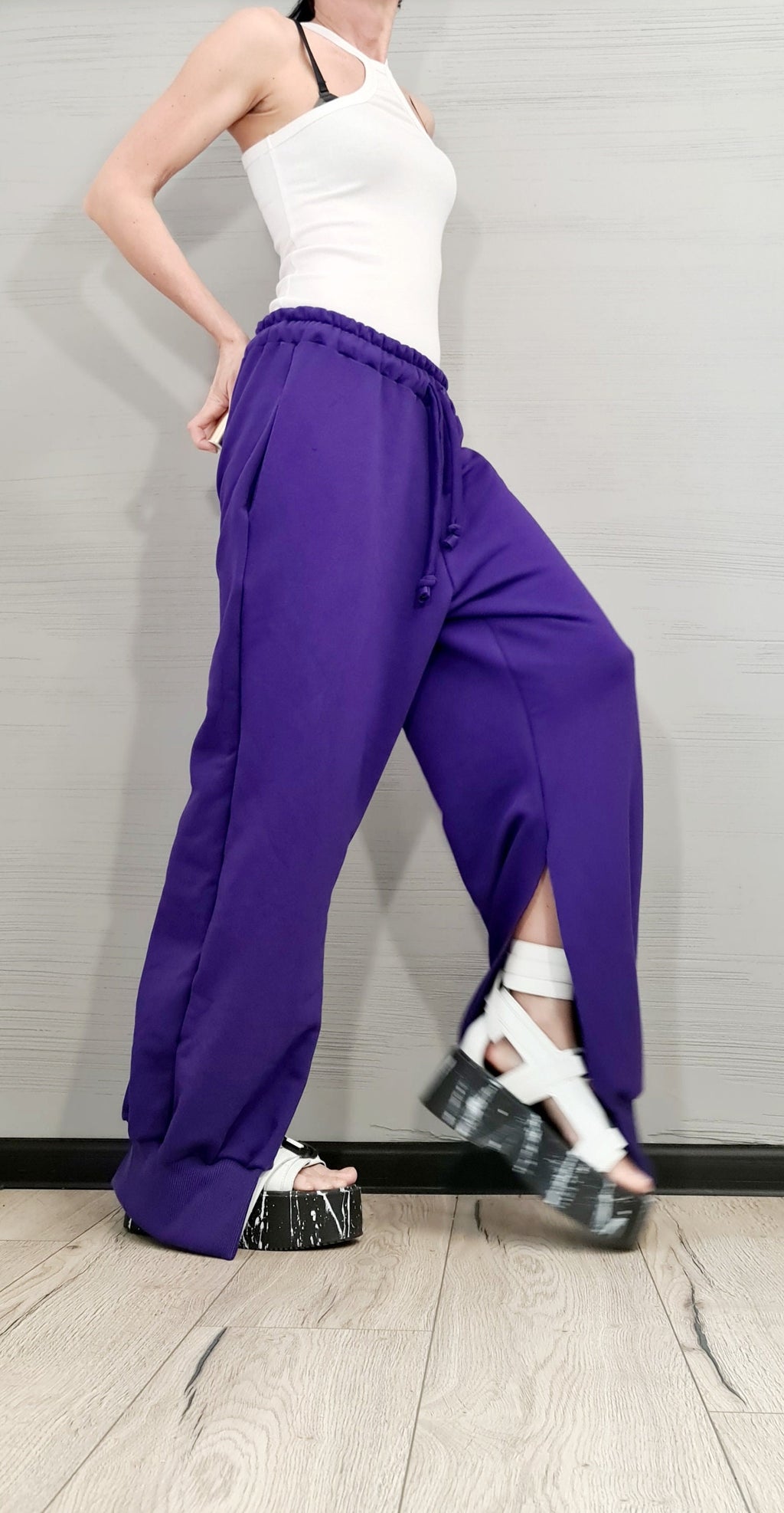 Purple French Terry Jogger Pants, Split Hem Trousers