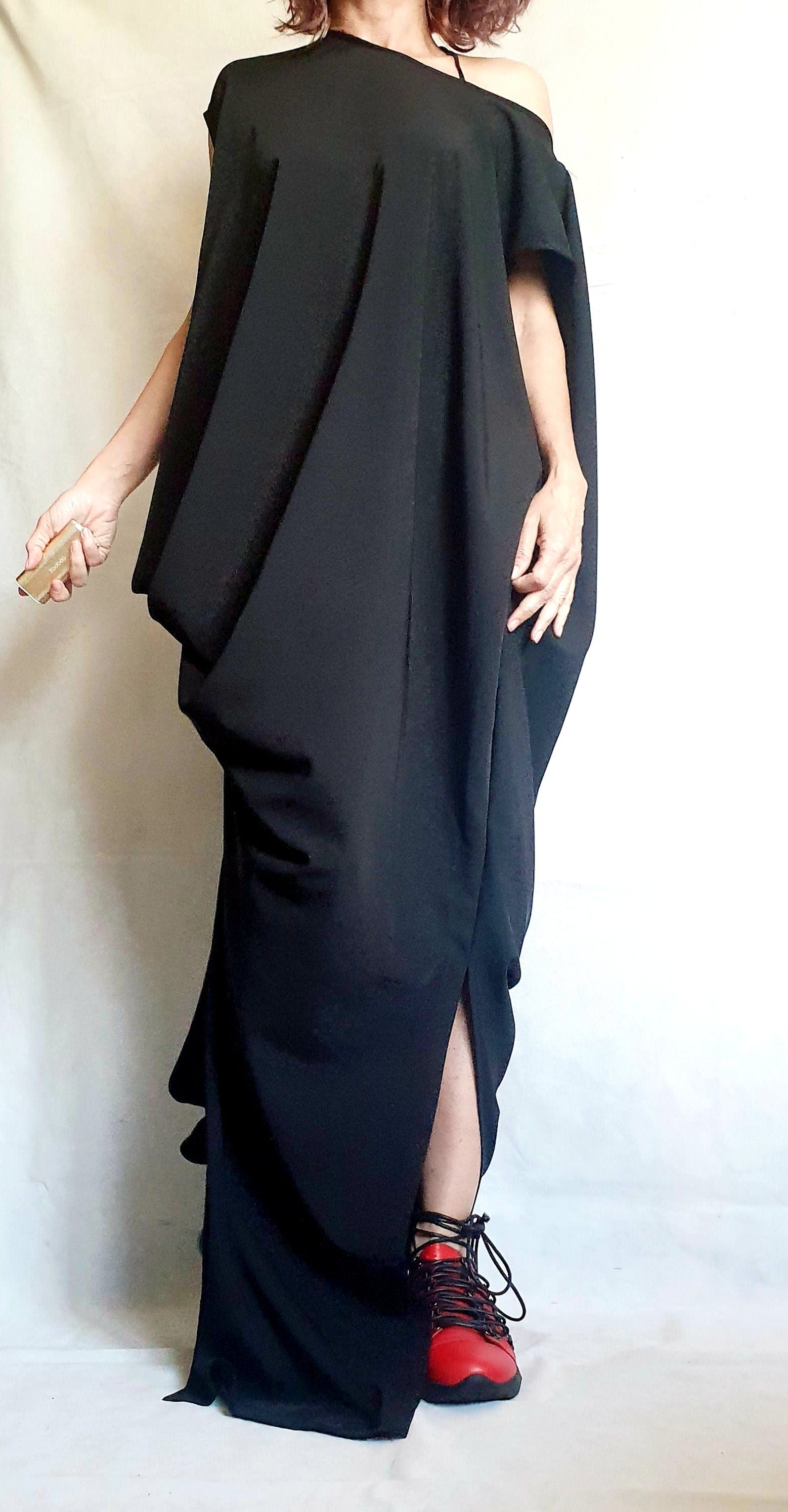 Black One Shoulder Maxi Dress, Avant Garde Draped Plus Size Clothing