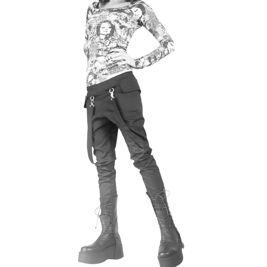Black Slim Leg Pants, Side Pockets, Decorative Suspenders