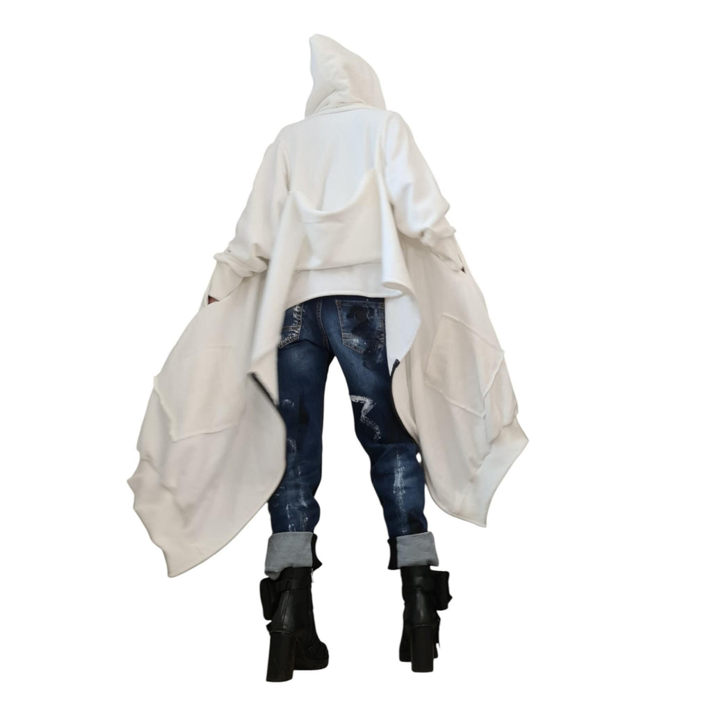 White Asymmetric Hooded Sweatshirt, Oversized Cotton Jacket, Longline Zip Up Hoodie