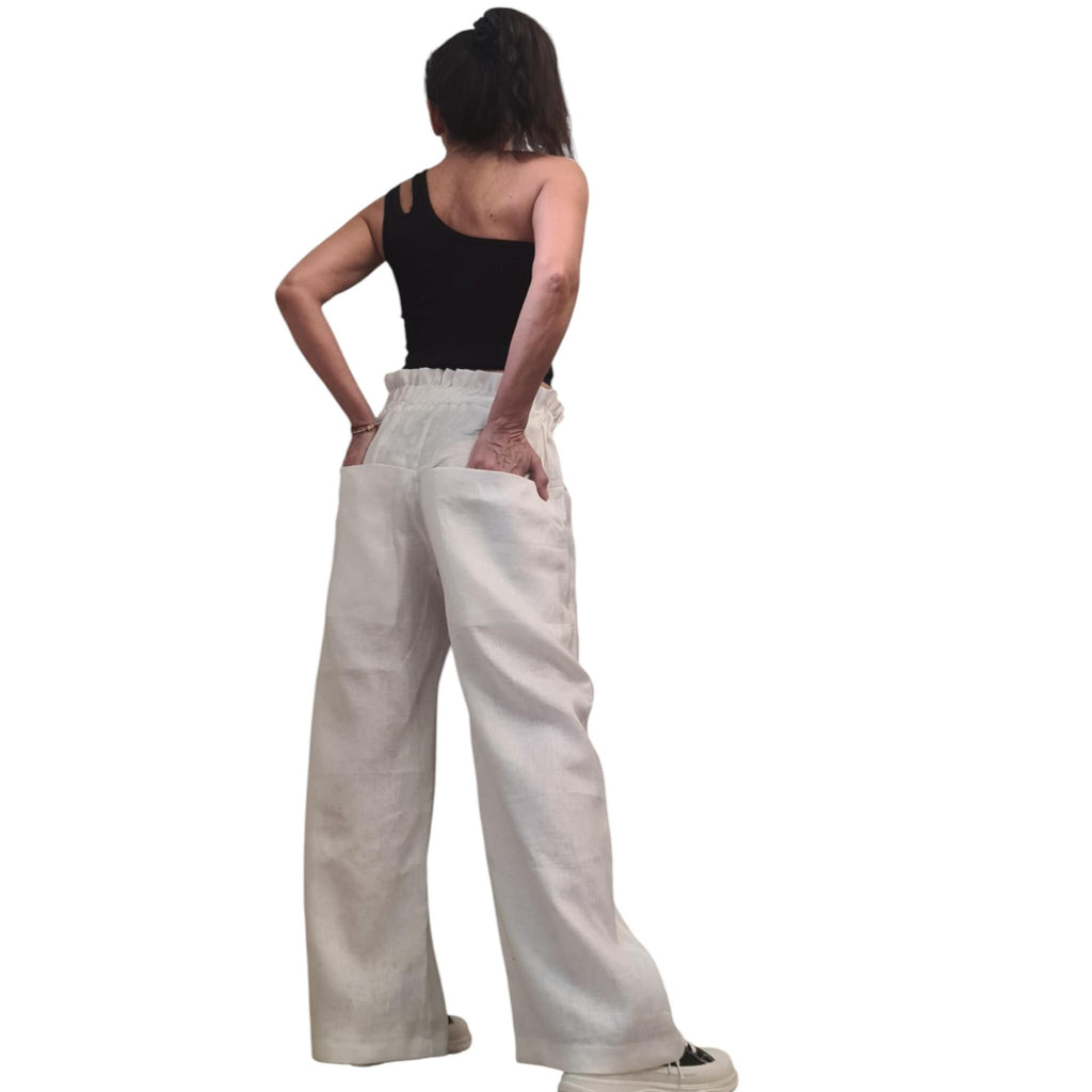 White Linen Wide Leg Pants, High Waist Linen Trousers with Large Pockets