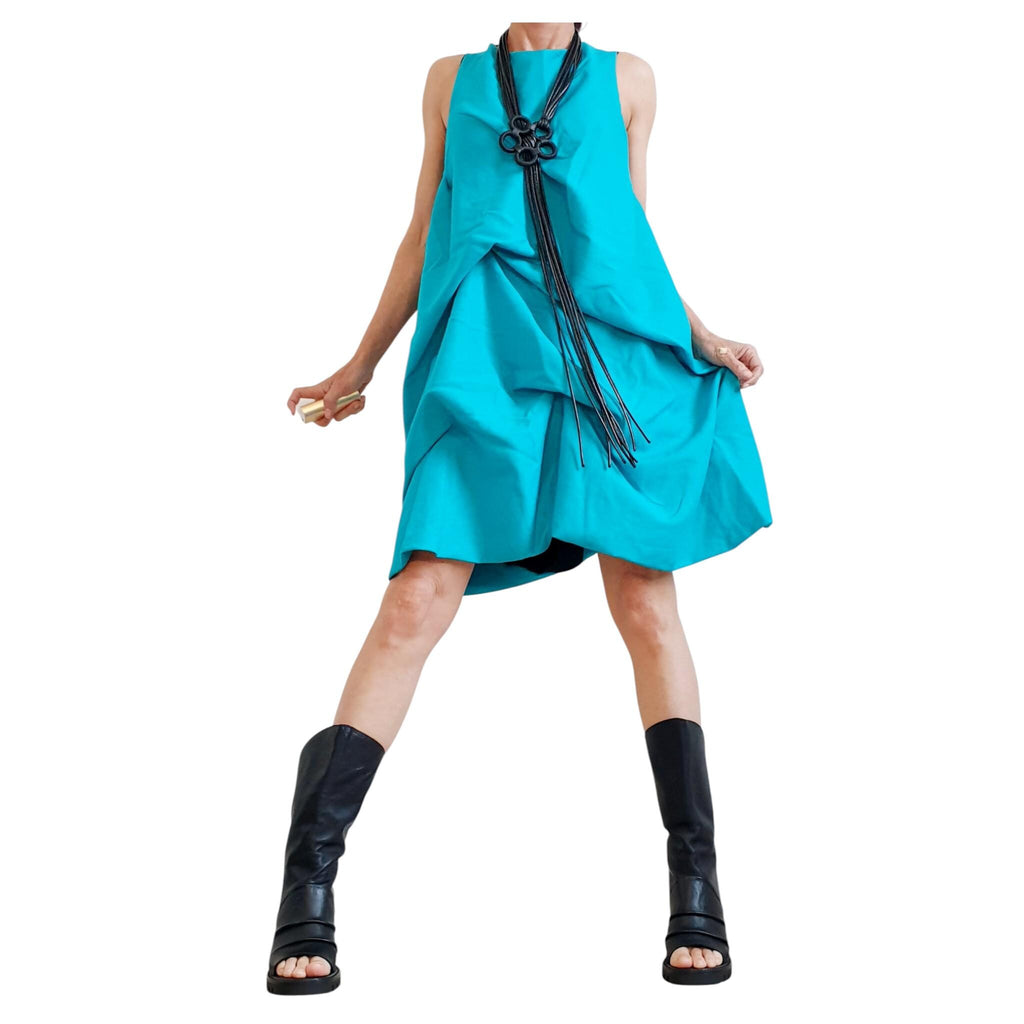Turquoise Linen Dress for Women, Sleeveless Asymmetric Loose Fit, Avant Garde Handmade Clothing