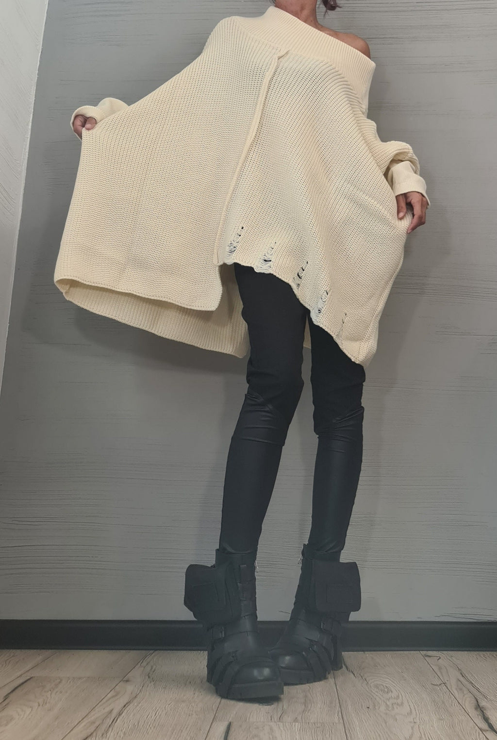 Green Asymmetrical Knitted Tunic, Loose Fit Blouse, Open Shoulder Sweater