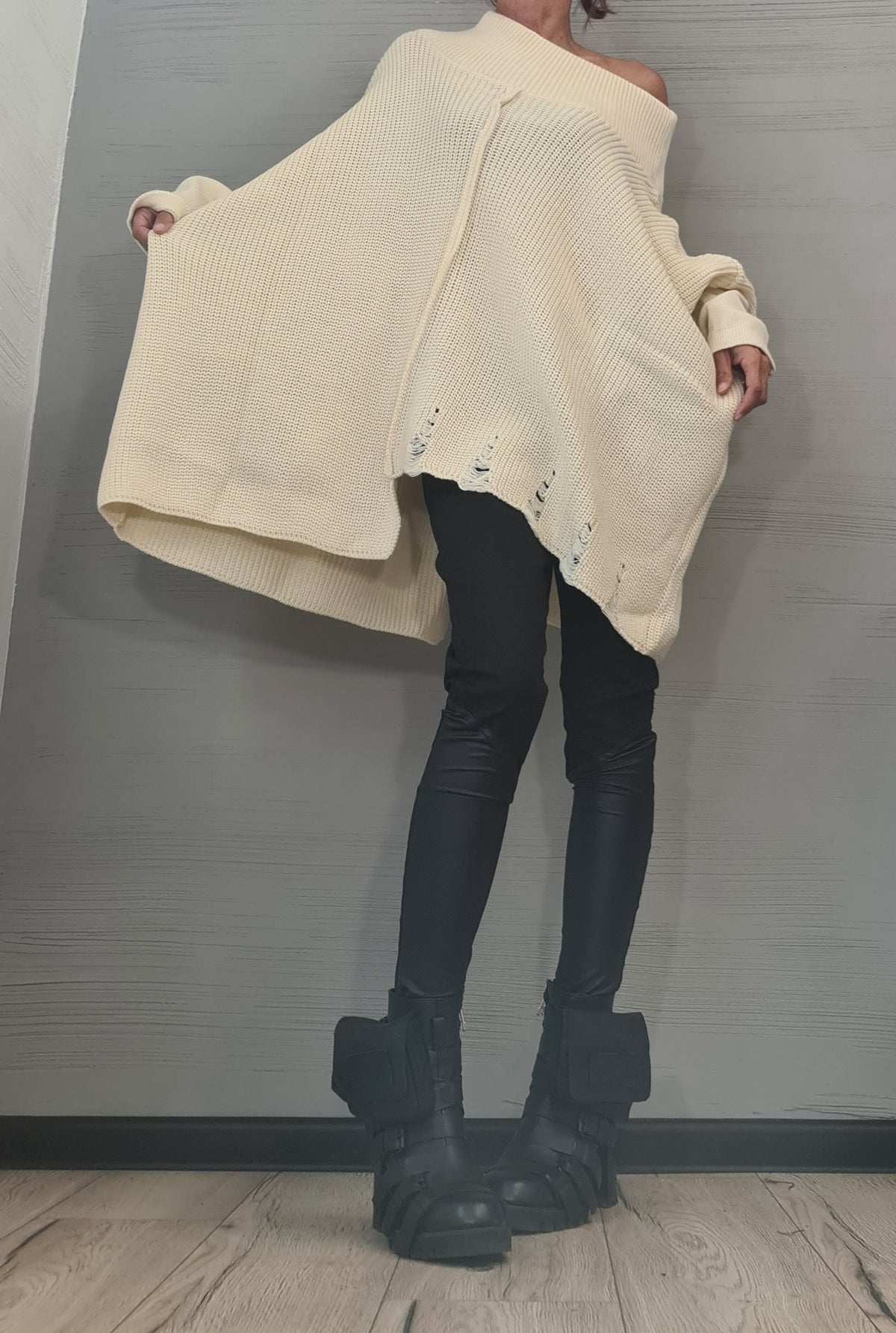 Green Asymmetrical Knitted Tunic, Loose Fit Blouse, Open Shoulder Sweater