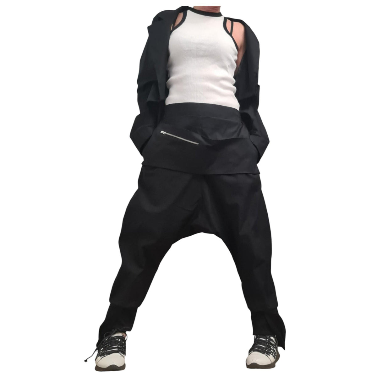Linen Avant Garde Jacket and Harem Pants Set, Asymmetric Open Back Women's Wear