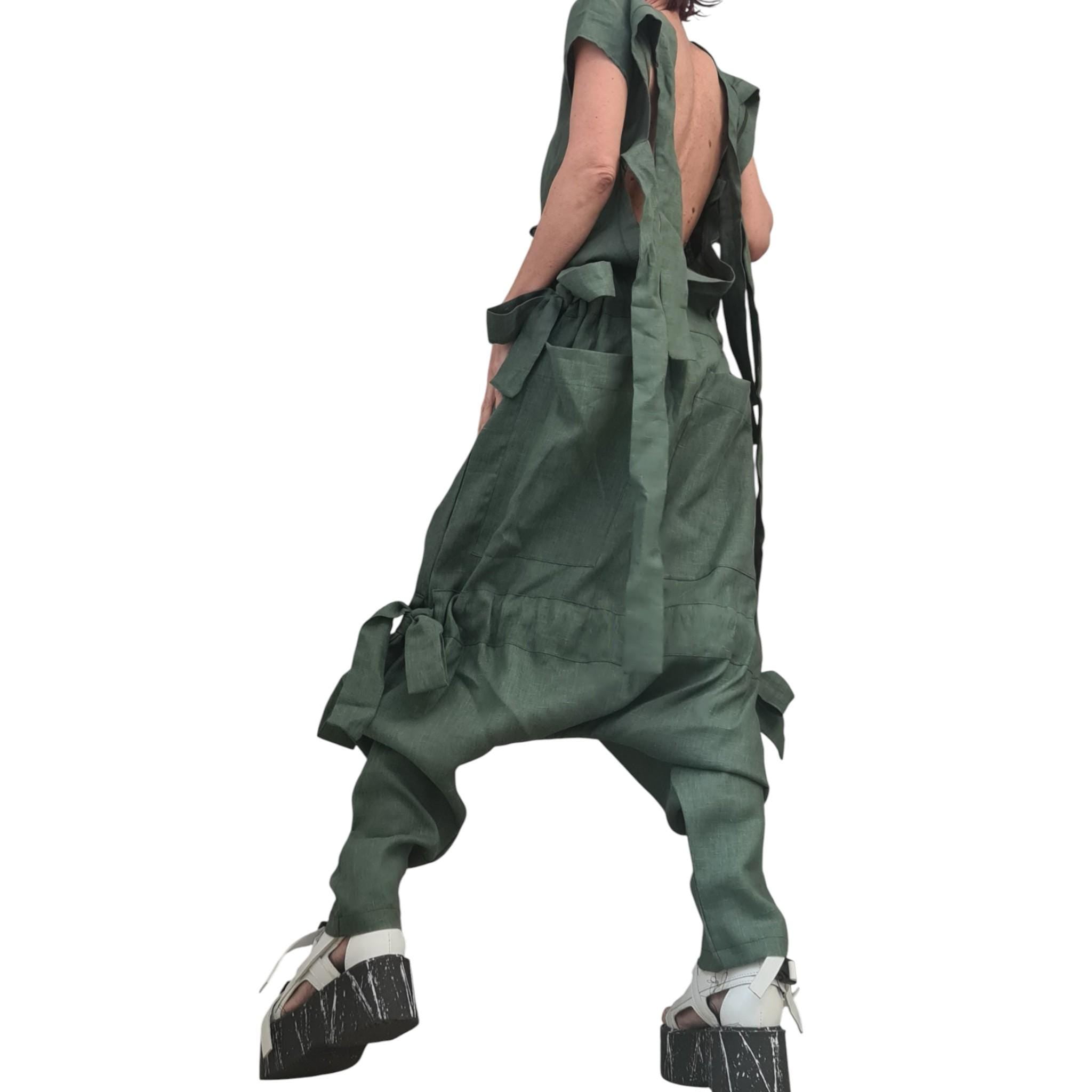 Olive Oil Asymmetric Linen Woman Jumpsuit, Wide Leg Harem Sleeveless Loose Overall