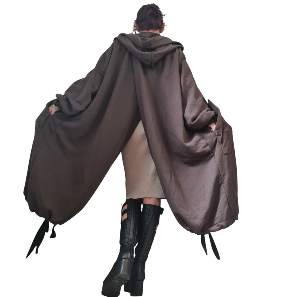 Brown Oversized Hooded Sweatshirt, French Terry Jacket with Overlapping Open Back