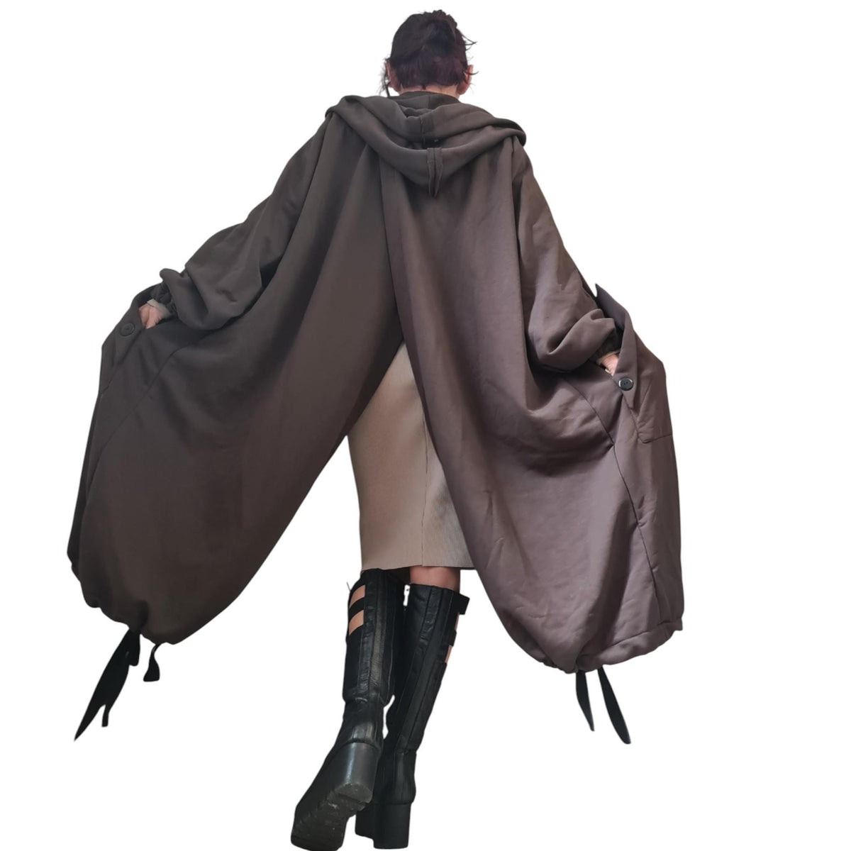 Brown Oversized Hooded Sweatshirt, French Terry Jacket with Overlapping Open Back