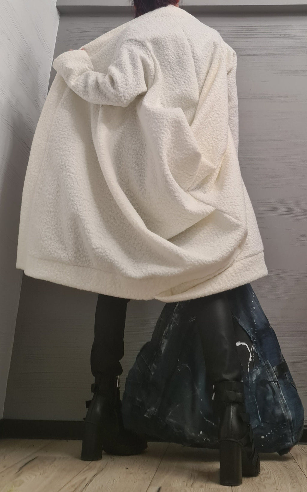 White Bouclé Wool Coat, Long Asymmetric Oversized Jacket, Plus Size Cocoon Cardigan