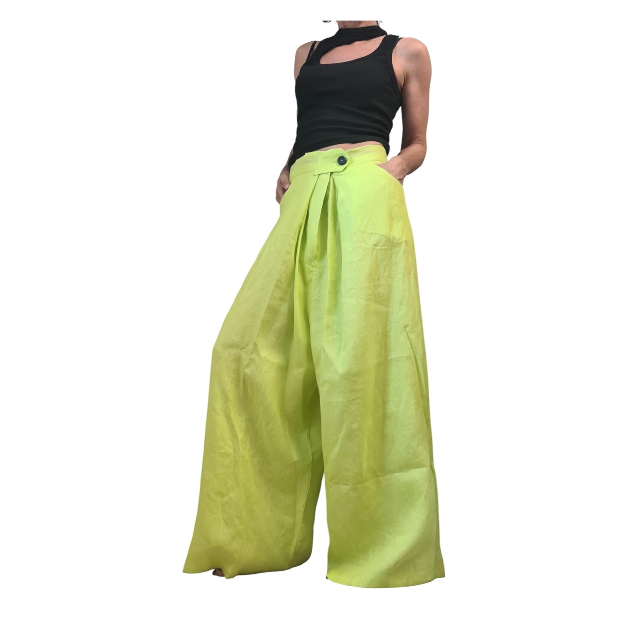 Lime Linen Drop Crotch Pants Womens Avant Garde Harem Trousers Designer Clothing