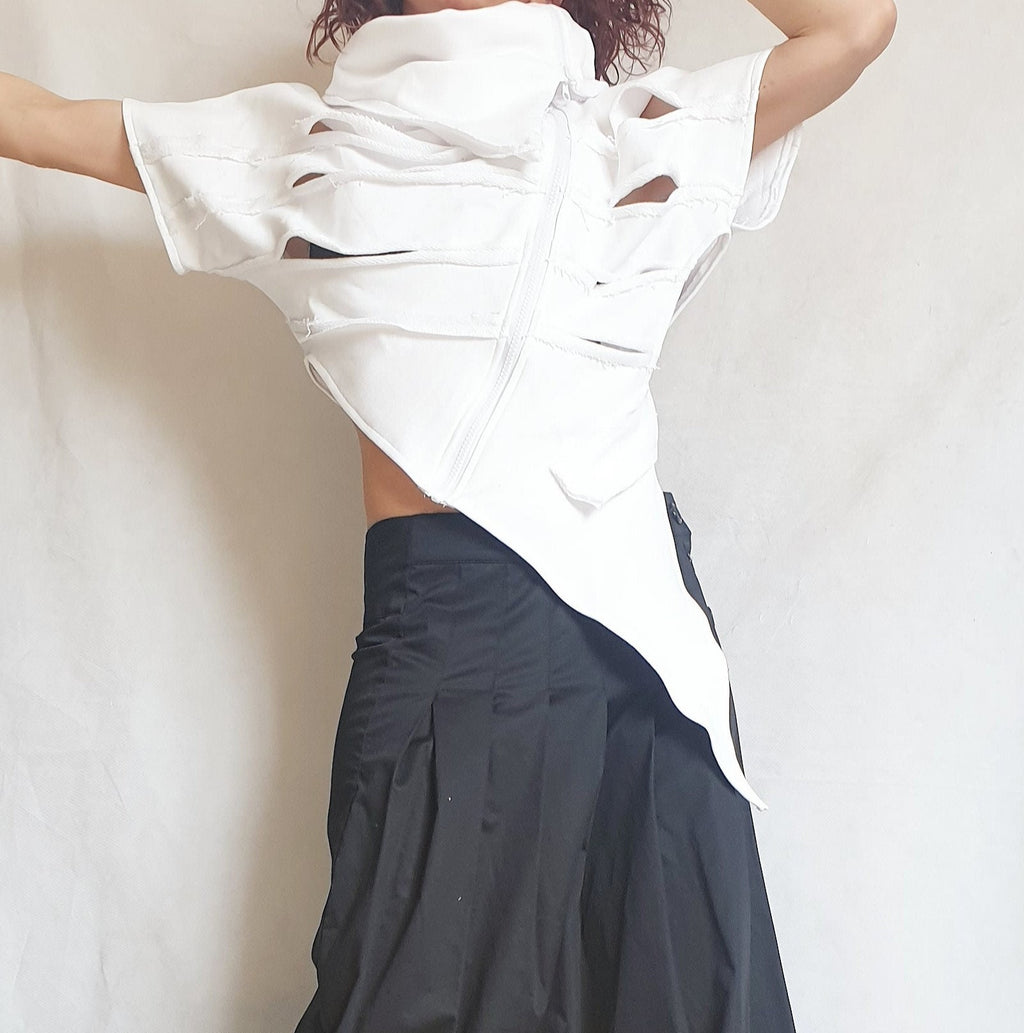 Asymmetric Cutout Vest, Oversized High Collar Top, Plus Size Short Sleeve Tunic