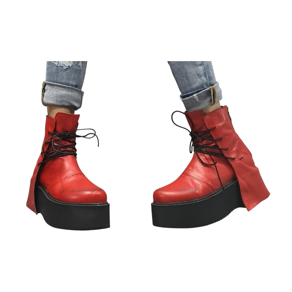 Red Leather Platform Ankle Boots with Wrap Cords, Chunky Sole Shoes, Handmade Footwear