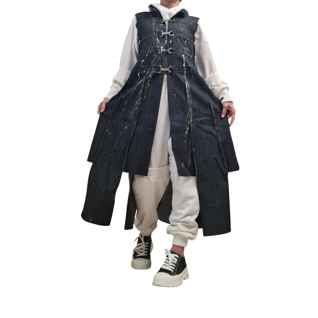 Asymmetric Denim Long Vest Hand Painted Deconstructed Jean Jacket Streetwear Handmade Clothing for Women