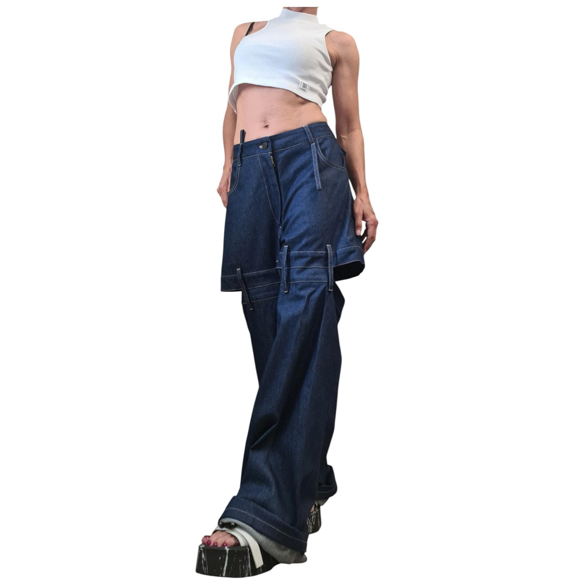 Black Denim Trousers, Deconstructed Wide Leg Jeans, Oversized Women Clothing