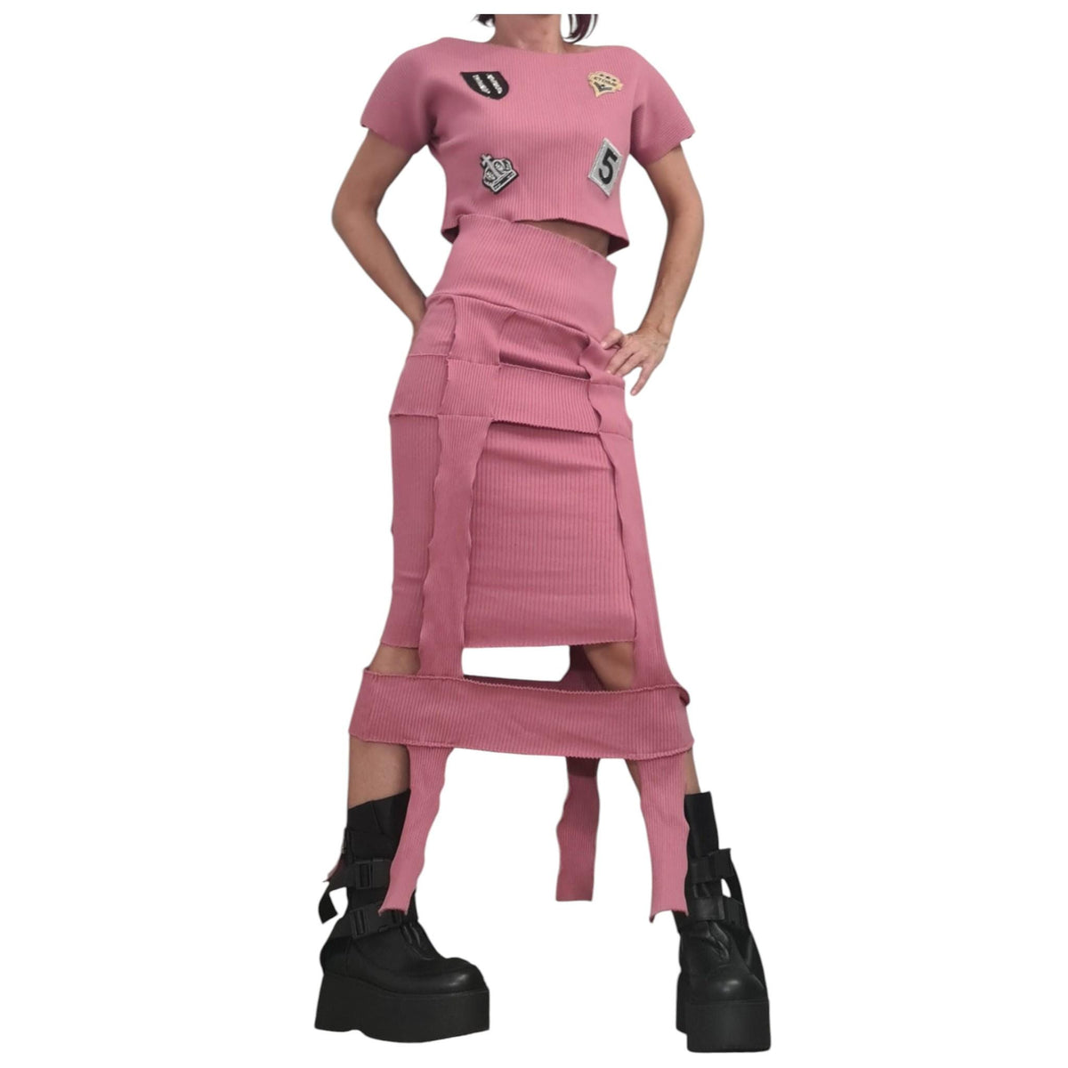 Pink Ribbed Maxi Pencil Skirt, Cropped Short-Sleeve Appliqué Top, Cutout Panels, Two-Piece Co-Ord Set