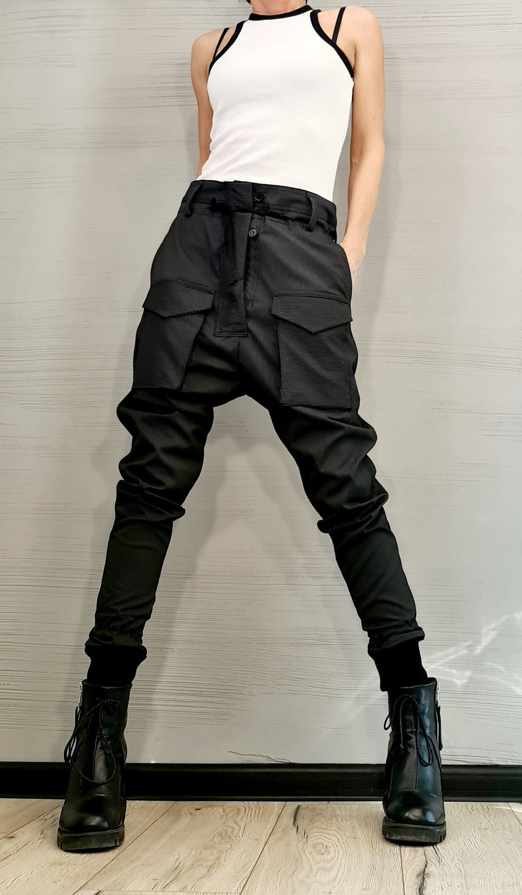 Black Pinstripe Cargo Pants, Drop Crotch Trousers, Slim Leg, Plus Size