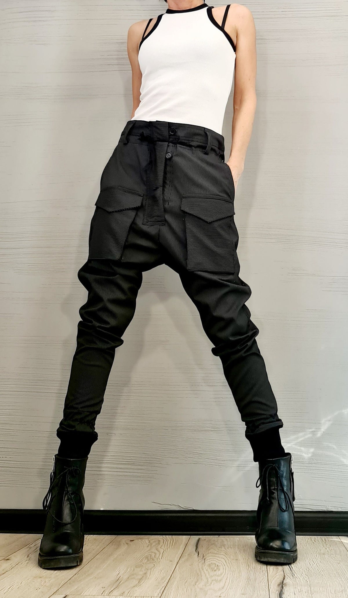 Black Pinstripe Cargo Pants, Drop Crotch Trousers, Slim Leg, Plus Size
