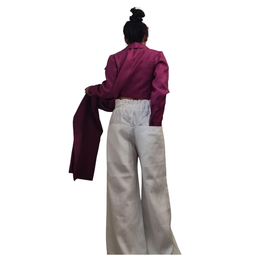 White Linen Wide Leg Pants, High Waist Linen Trousers with Large Pockets