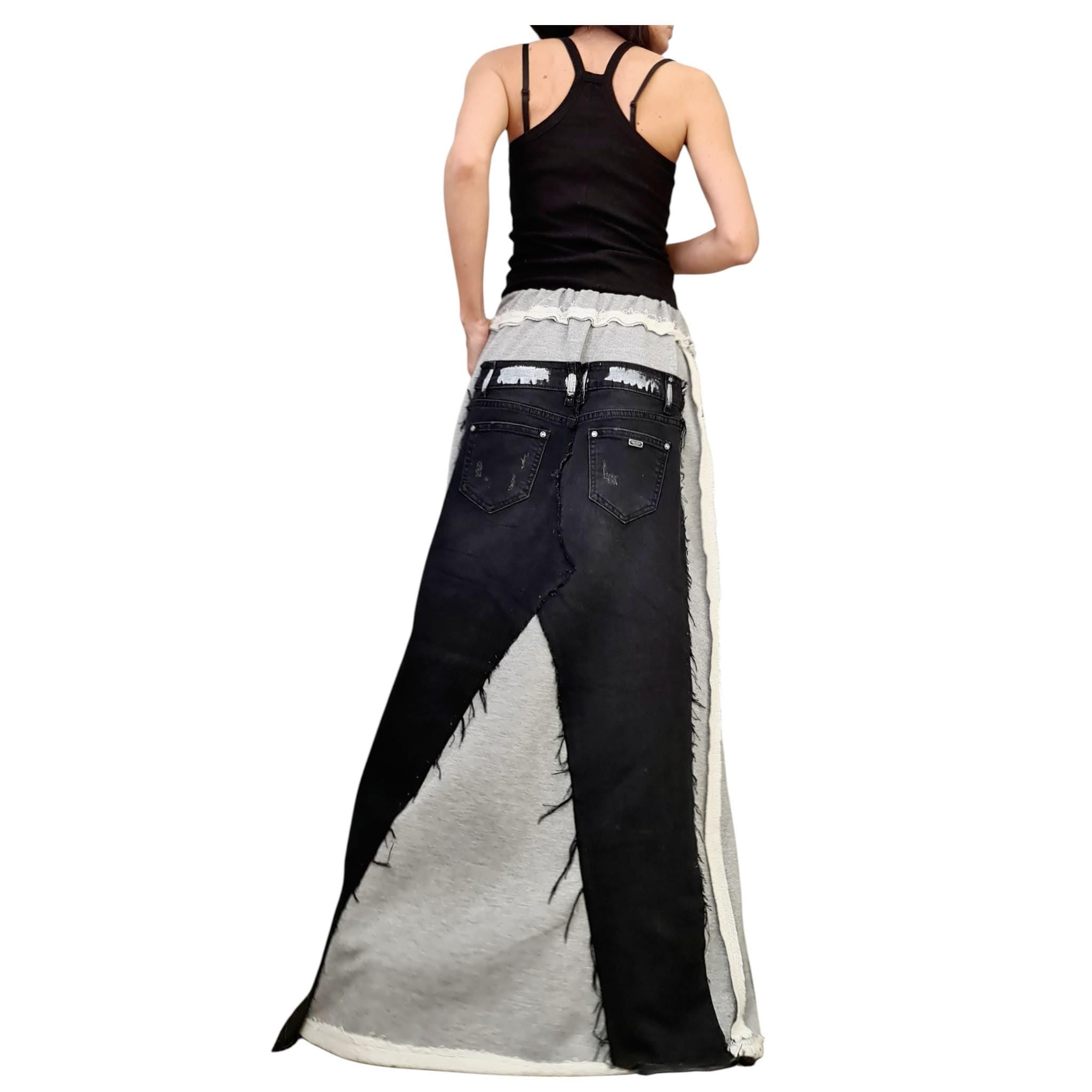 Deconstructed Avant Garde Denim Skirt, Outside Seam, Plus Size French Terry Skirt