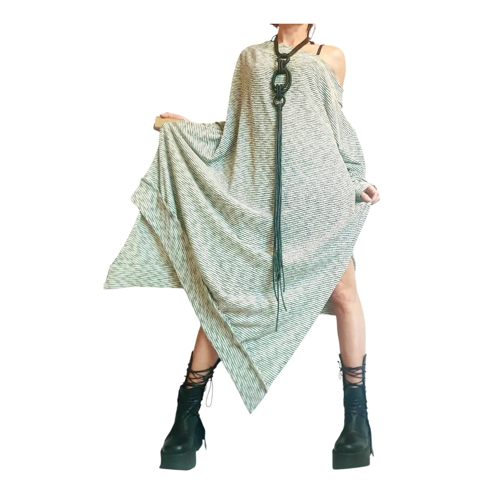 Stripe Extravagant Long Dress, Loose Maxi Dress Tunic, Plus Size Clothing, Oversize Dress, Sleeve Dress, One Shoulder Dress, Knitting Tunic