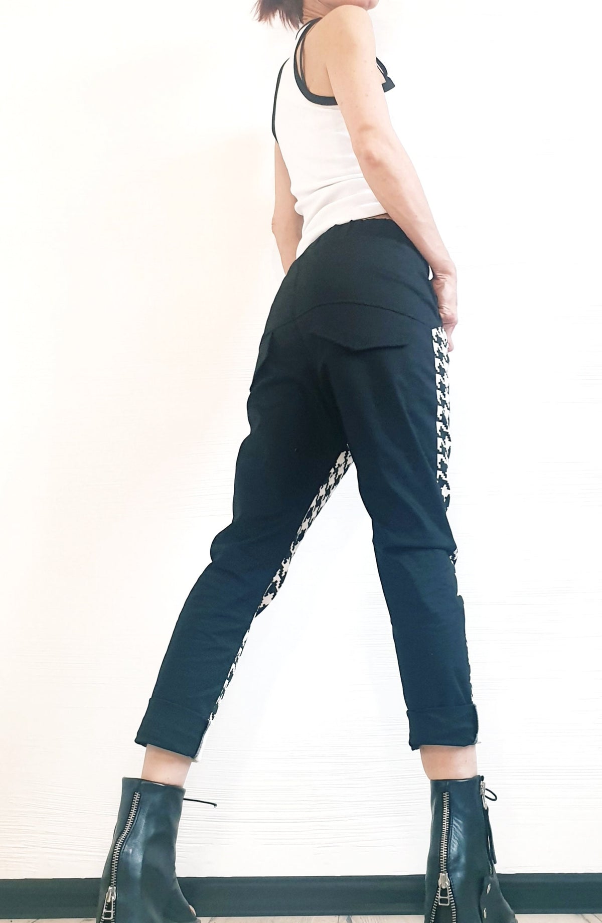 Houndstooth Panel Pants, Color Block, Slim Tapered Leg, Cotton Trousers