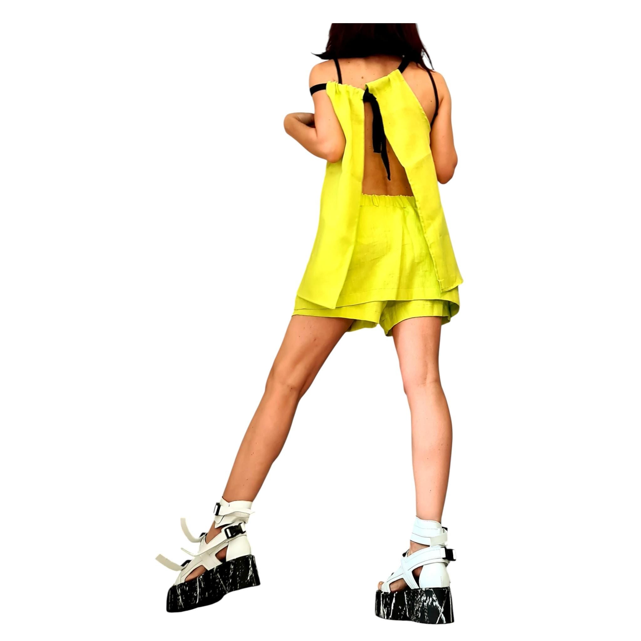 Yellow Linen Two Piece Set, Open Back Top, Layered Shorts, Summer Outfit for Women