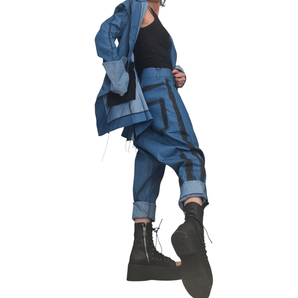 New collection Extravagant Denim Women Costume, Asymmetric Avant Garde Blazer, Women Harem Pants, Deconstructed Futuristic Clothing