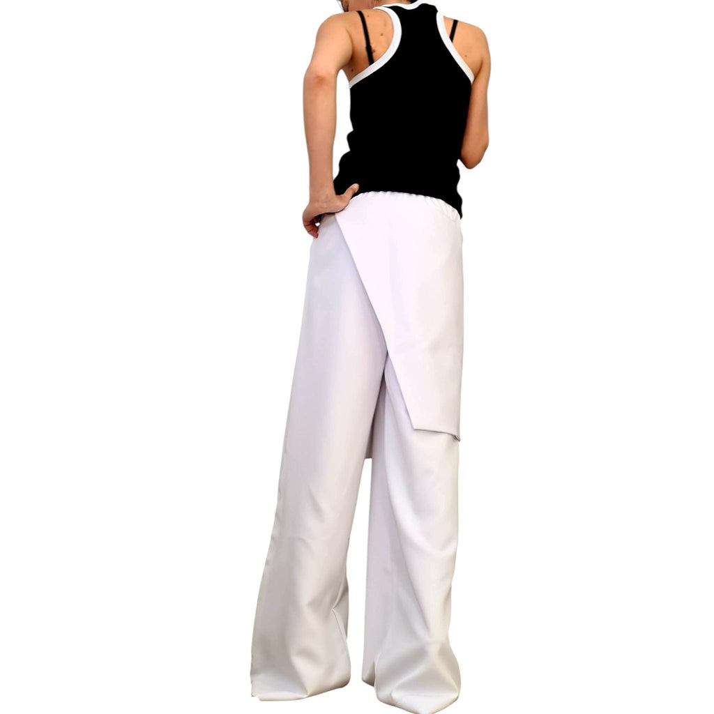 White Wrap Skirt Pants, Wide Leg Palazzo, Elastic Waist, Plus Size